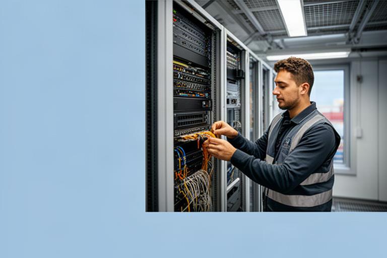 ICT-specialist controleert netwerkapparatuur in een technische ruimte bij een Noord-Hollandse havenorganisatie