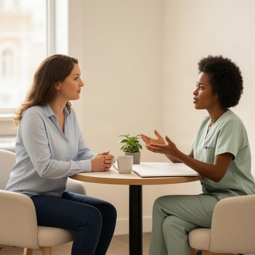 Zorggerichte consultant in gesprek met een professional in een rustige kantoorruimte