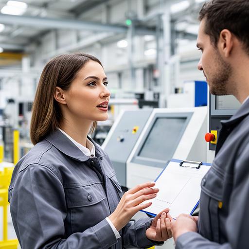 Vrouwelijke recruitmentconsultant bespreekt productieplanning in een industriële werkomgeving