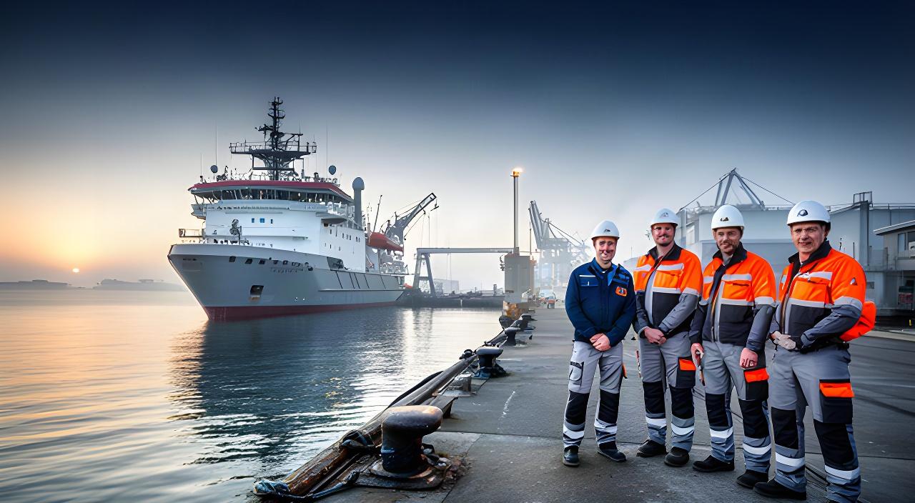 Haven van Den Helder met offshore-schip, kade en professionals in werkkleding bij ochtendlicht