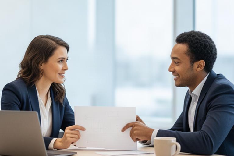 Recruitmentconsultant bespreekt een technisch cv met kandidaat aan tafel in een lichte kantoorruimte