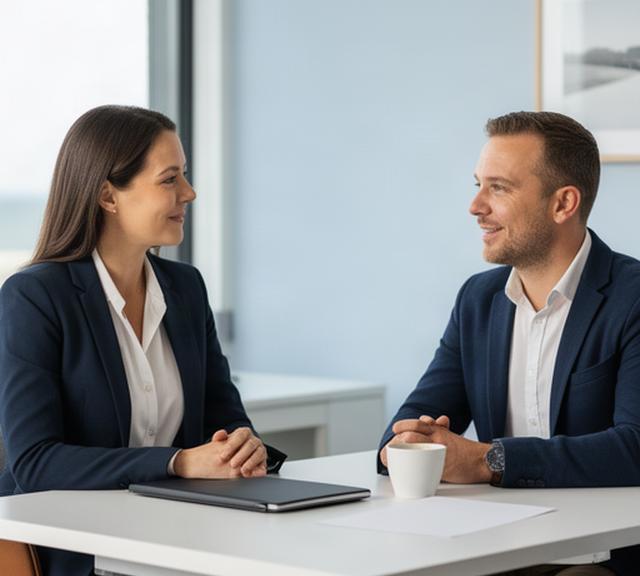 Recruitmentconsultant bespreekt een vacature met een ondernemer aan tafel in Den Helder