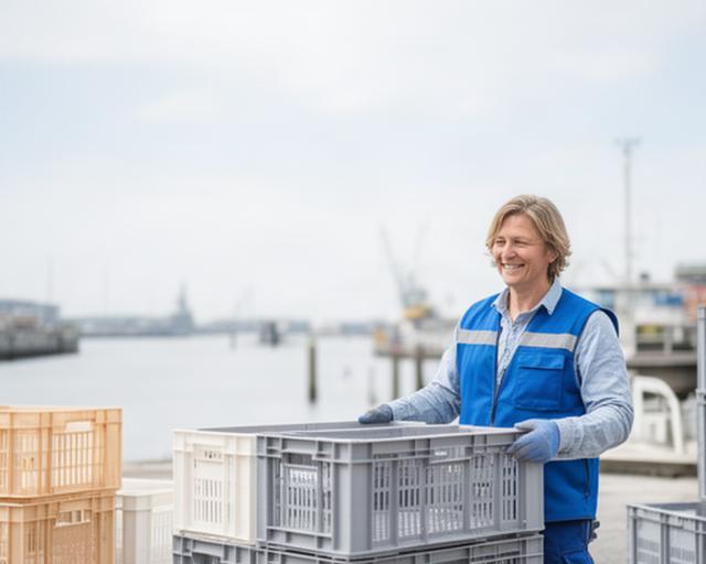 Medewerker in een lichte havenomgeving met logistieke kisten en een zorgzame regionale werksfeer